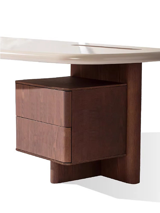 Mid-Century Modern Walnut Desk – Rounded Edge Writing Table with Drawers for Home Office