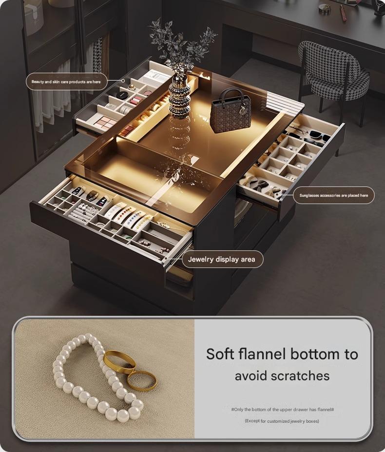 55" Glass Top Modern Dresser Walk-in Closet Island with Jewelry Storage and Light