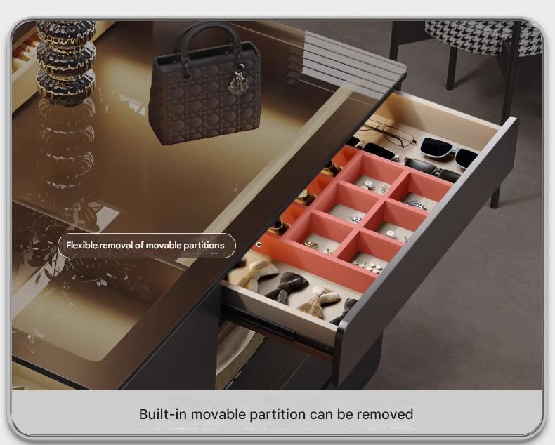 55" Glass Top Modern Dresser Walk-in Closet Island with Jewelry Storage and Light