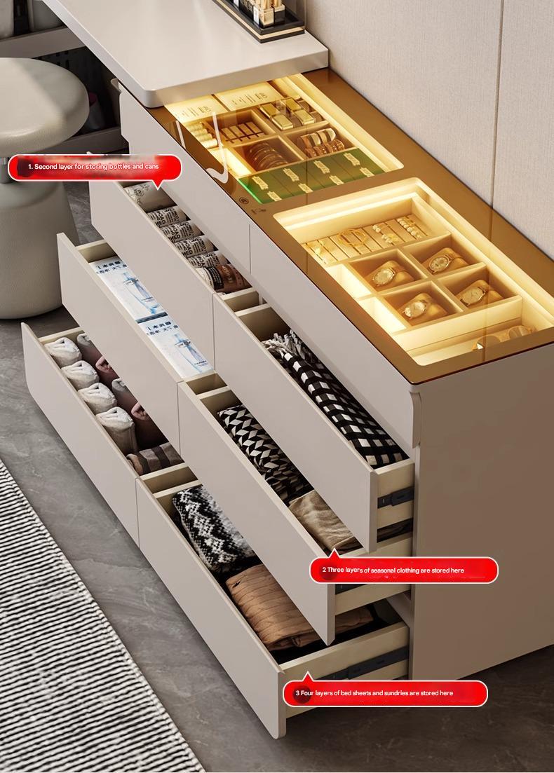 55" Glass Top Modern Dresser Walk-in Closet Island with Jewelry Storage and Light