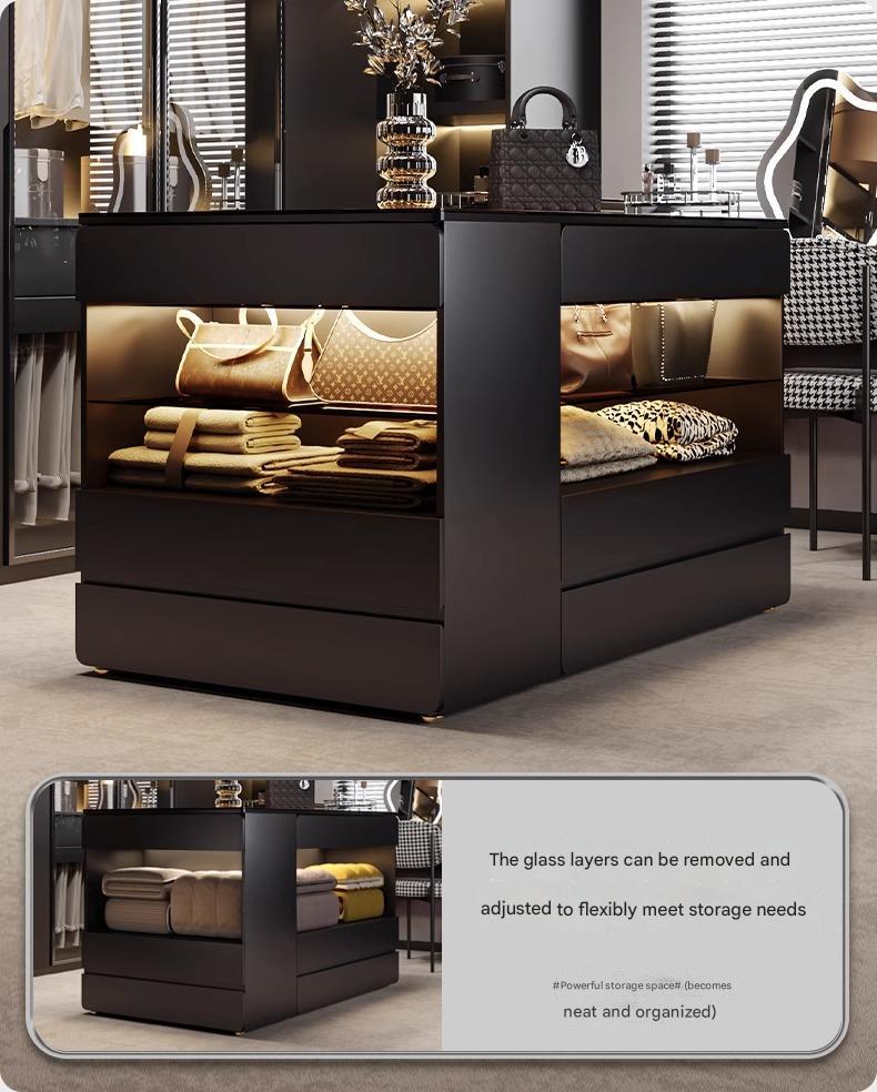 55" Glass Top Modern Dresser Walk-in Closet Island with Jewelry Storage and Light
