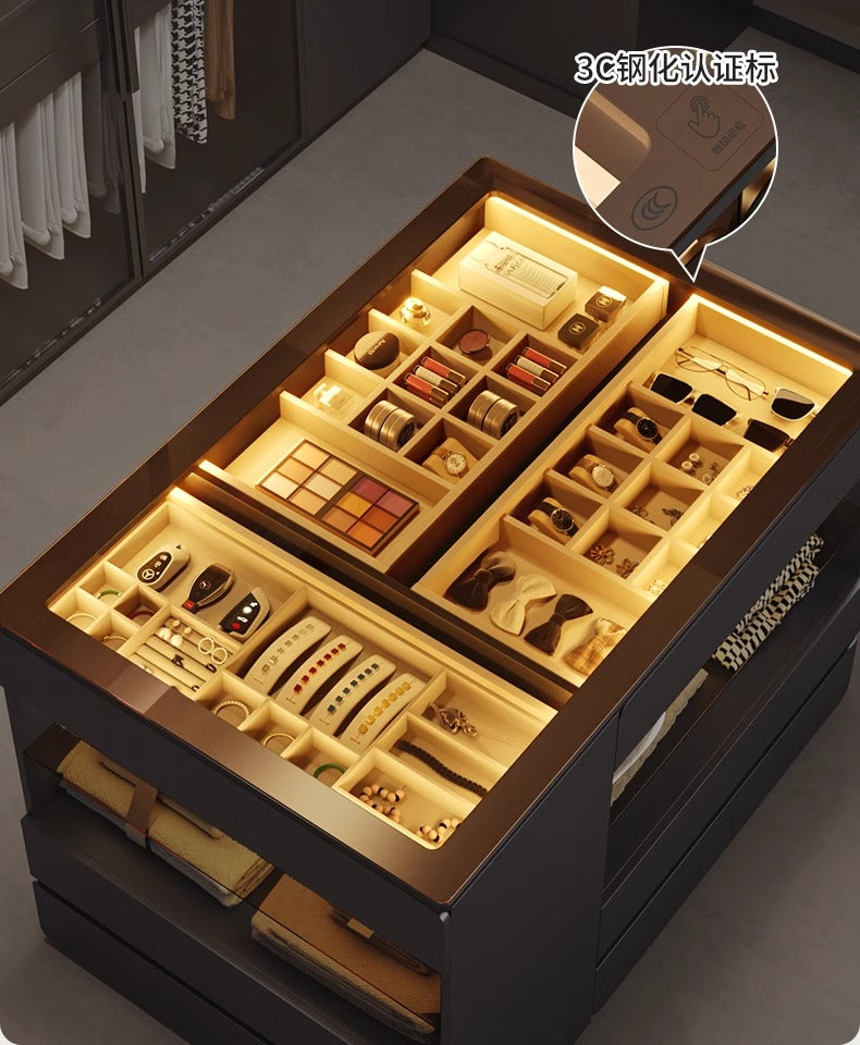 55" Glass Top Modern Dresser Walk-in Closet Island with Jewelry Storage and Light