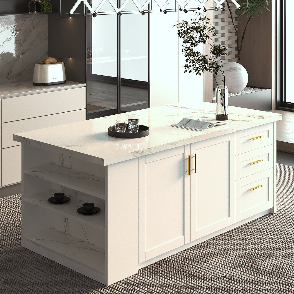 80 inch White Modern Kitchen island with Cabinets ,Bar, Electrical Outlet and Light