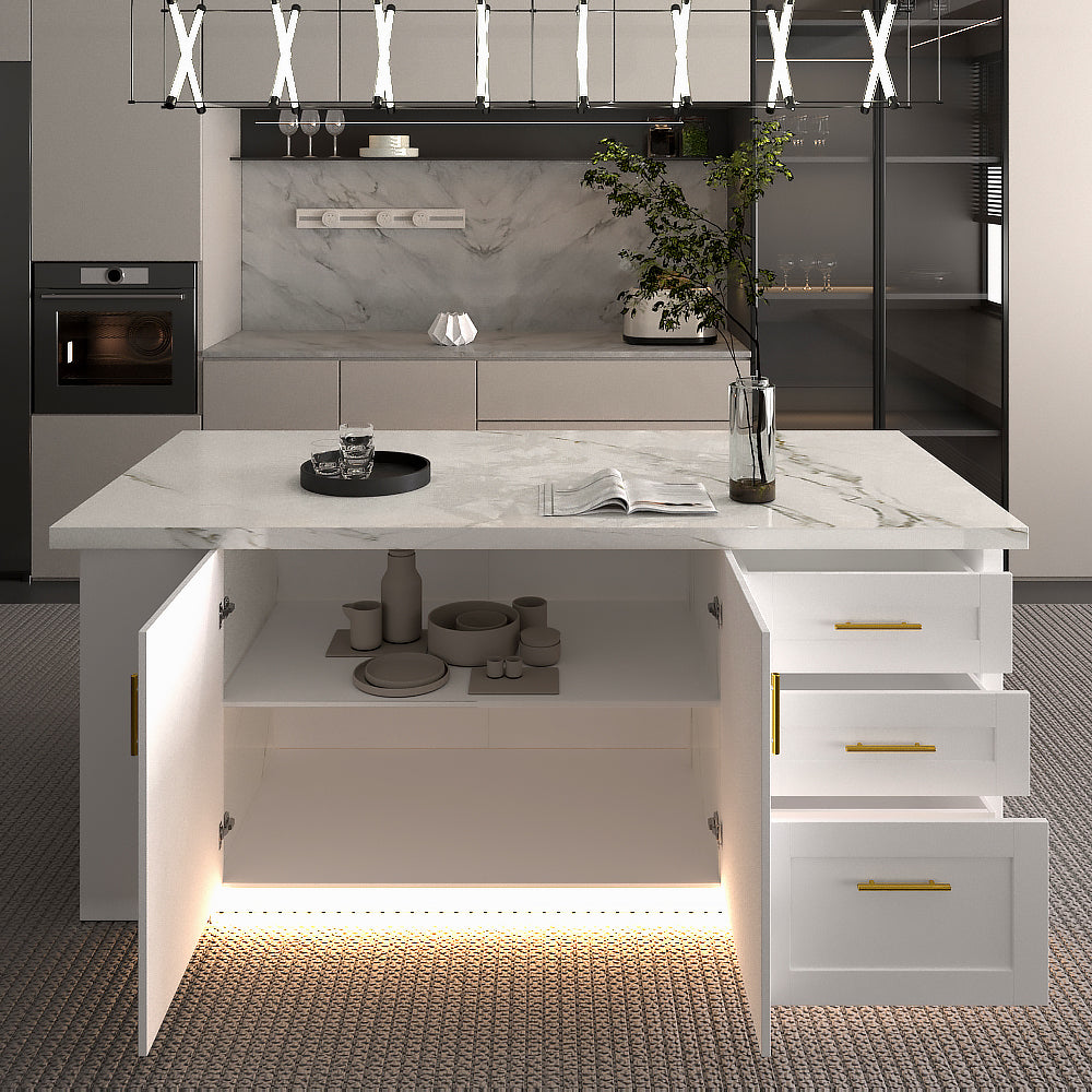 80 inch White Modern Kitchen island with Cabinets ,Bar, Electrical Outlet and Light