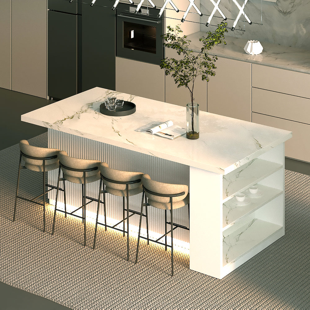 80 inch White Modern Kitchen island with Cabinets ,Bar, Electrical Outlet and Light