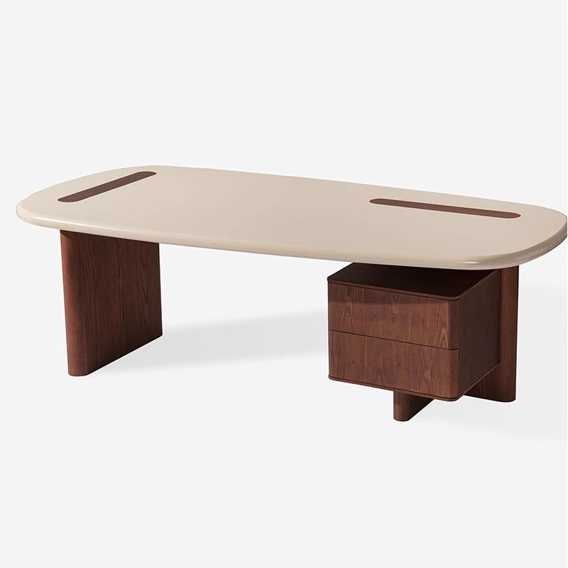 Mid-Century Modern Walnut Desk – Rounded Edge Writing Table with Drawers for Home Office