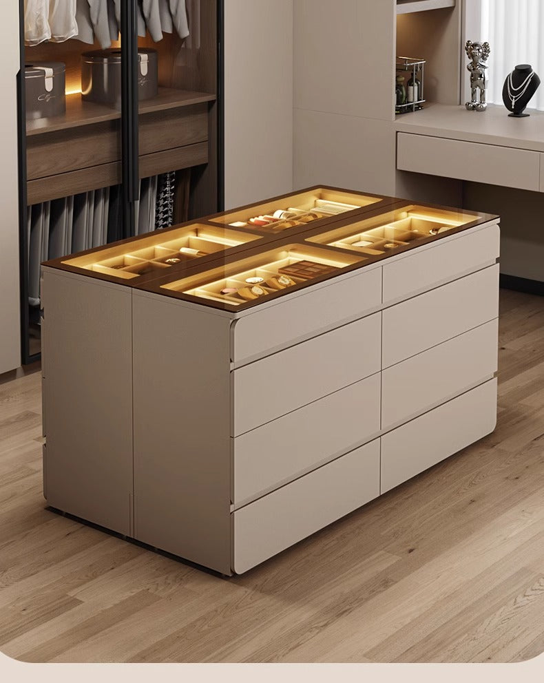 55" Glass Top Modern Dresser Walk-in Closet Island with Jewelry Storage and Light