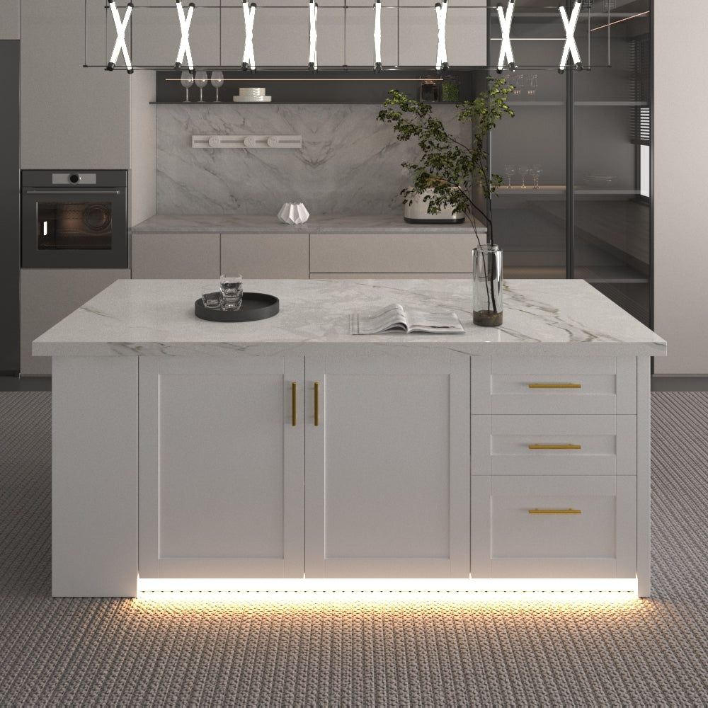 80 inch White Modern Kitchen island with Cabinets ,Bar, Electrical Outlet and Light