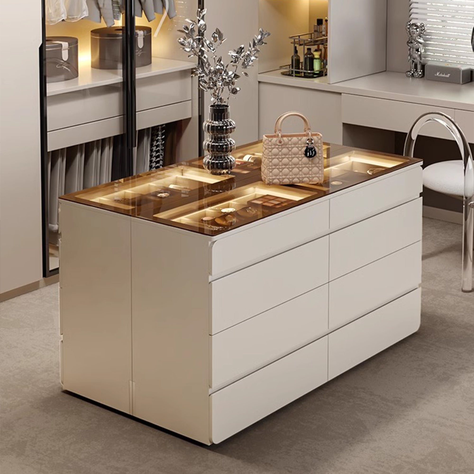55" Glass Top Modern Dresser Walk-in Closet Island with Jewelry Storage and Light