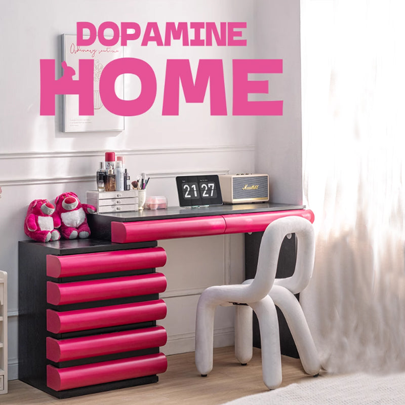 Modern Adjustable Vanity Desk with 5 Drawers – Expandable Makeup Vanity for Women & Girls | Red/Pink & Black