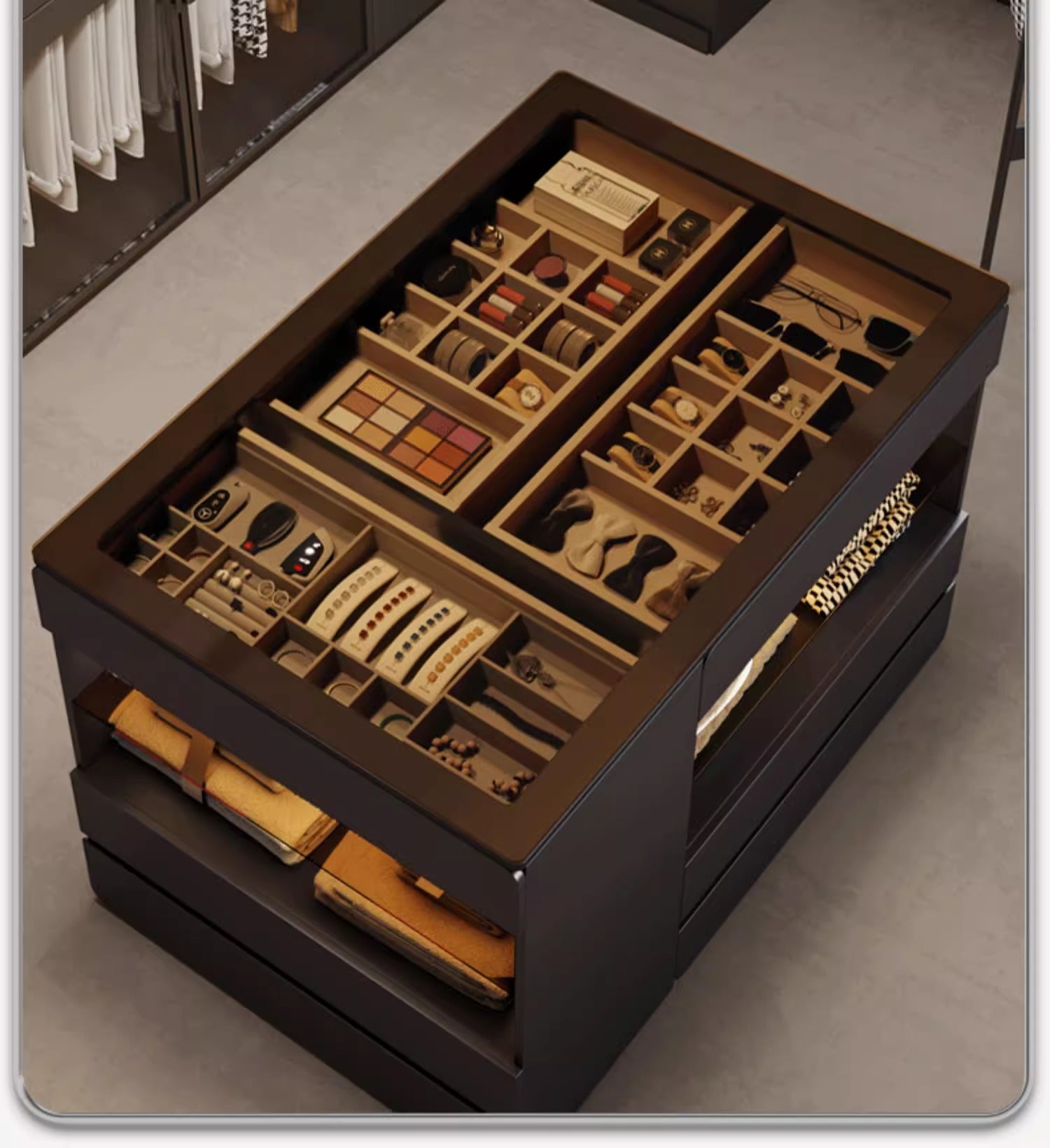 55" Glass Top Modern Dresser Walk-in Closet Island with Jewelry Storage and Light