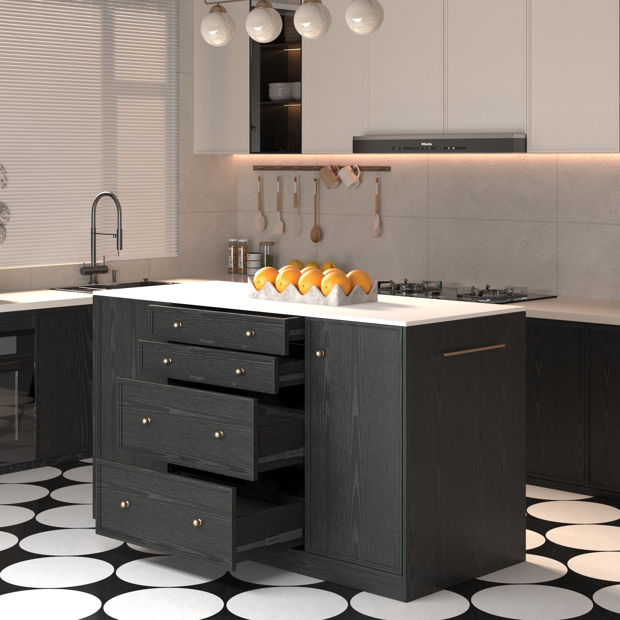 64"Mid-Century Style Kitchen Island with Sintered Stone Top