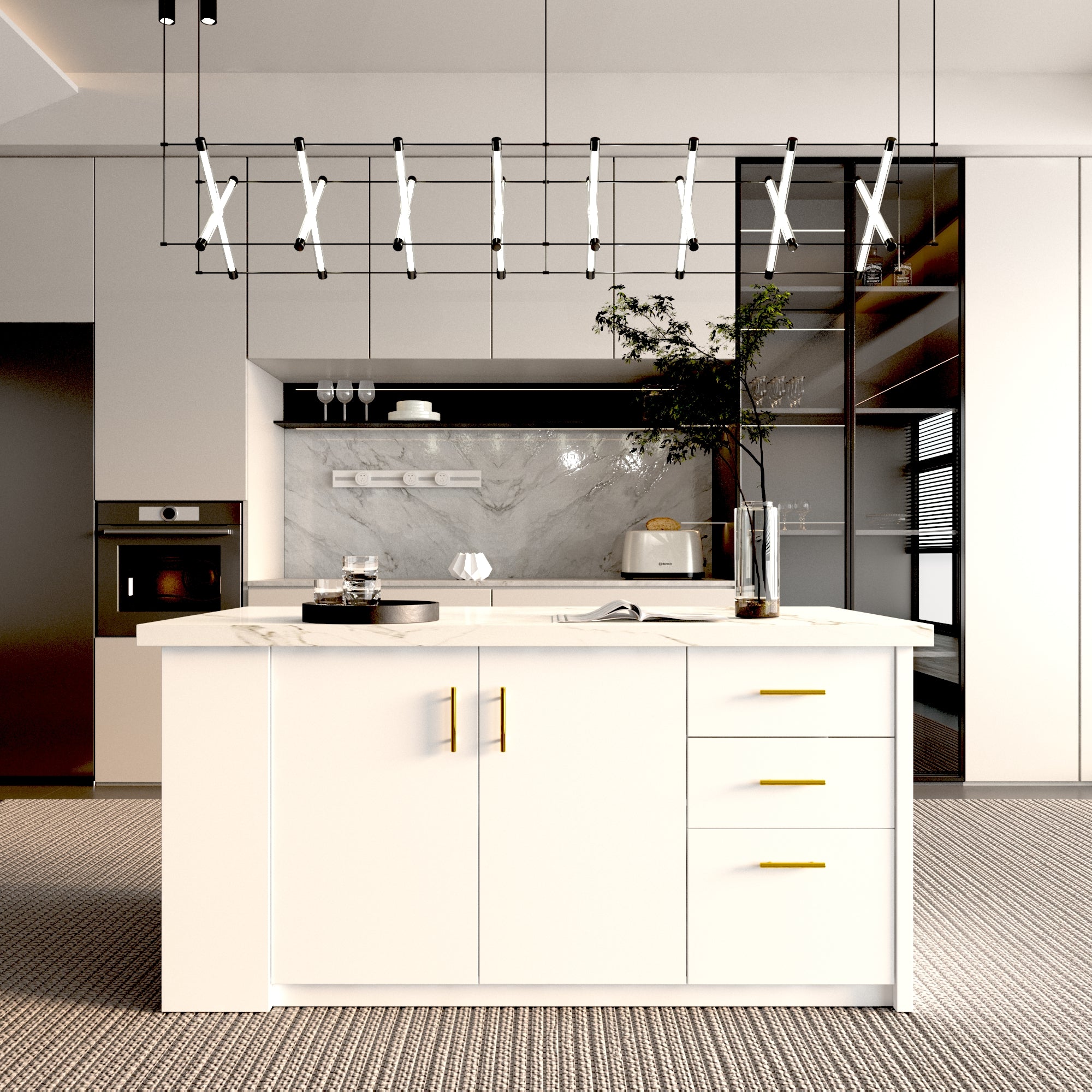 72 inch white Modern Kitchen island with Cabinets ,Bar, Electrical Outlet and Light