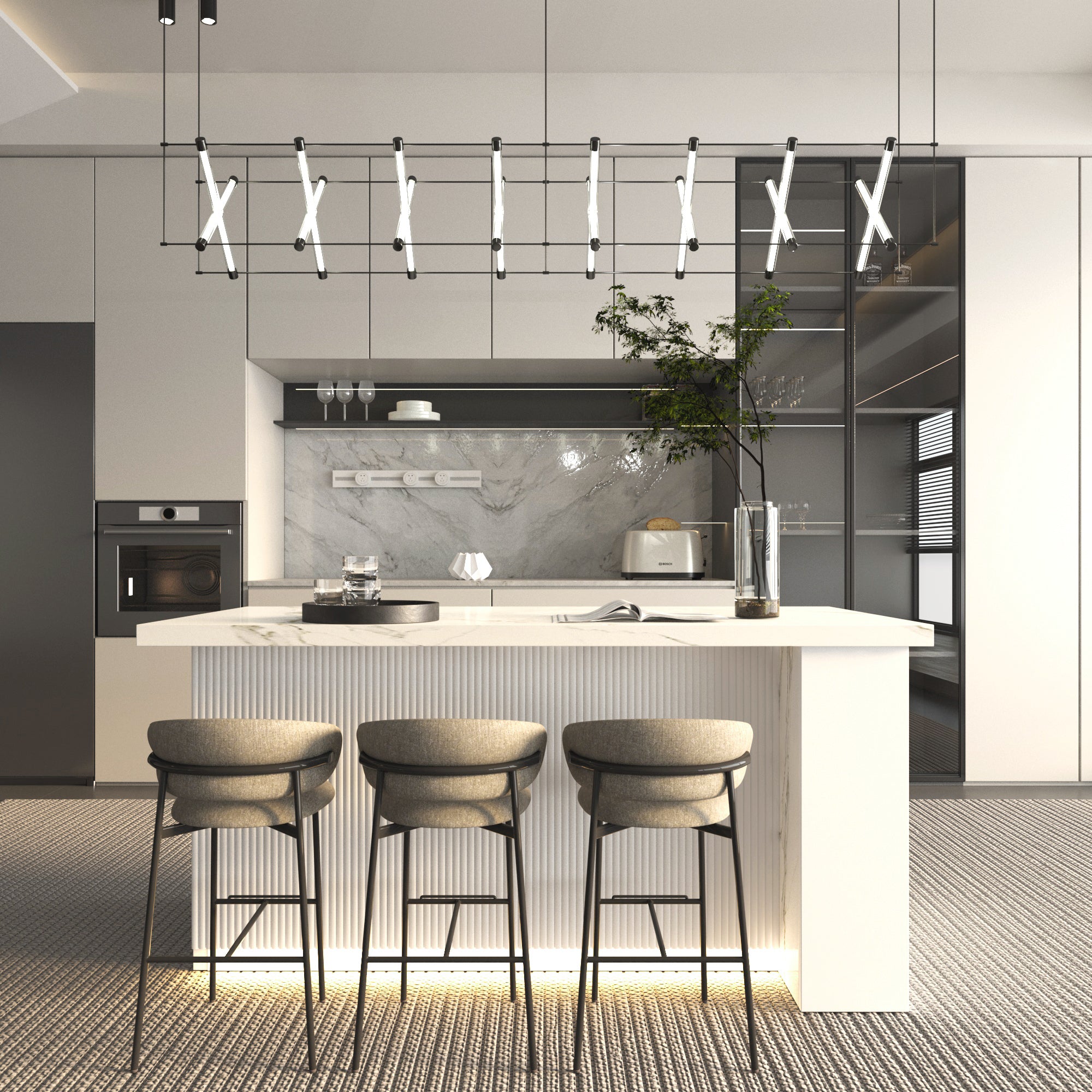 72 inch white Modern Kitchen island with Cabinets ,Bar, Electrical Outlet and Light