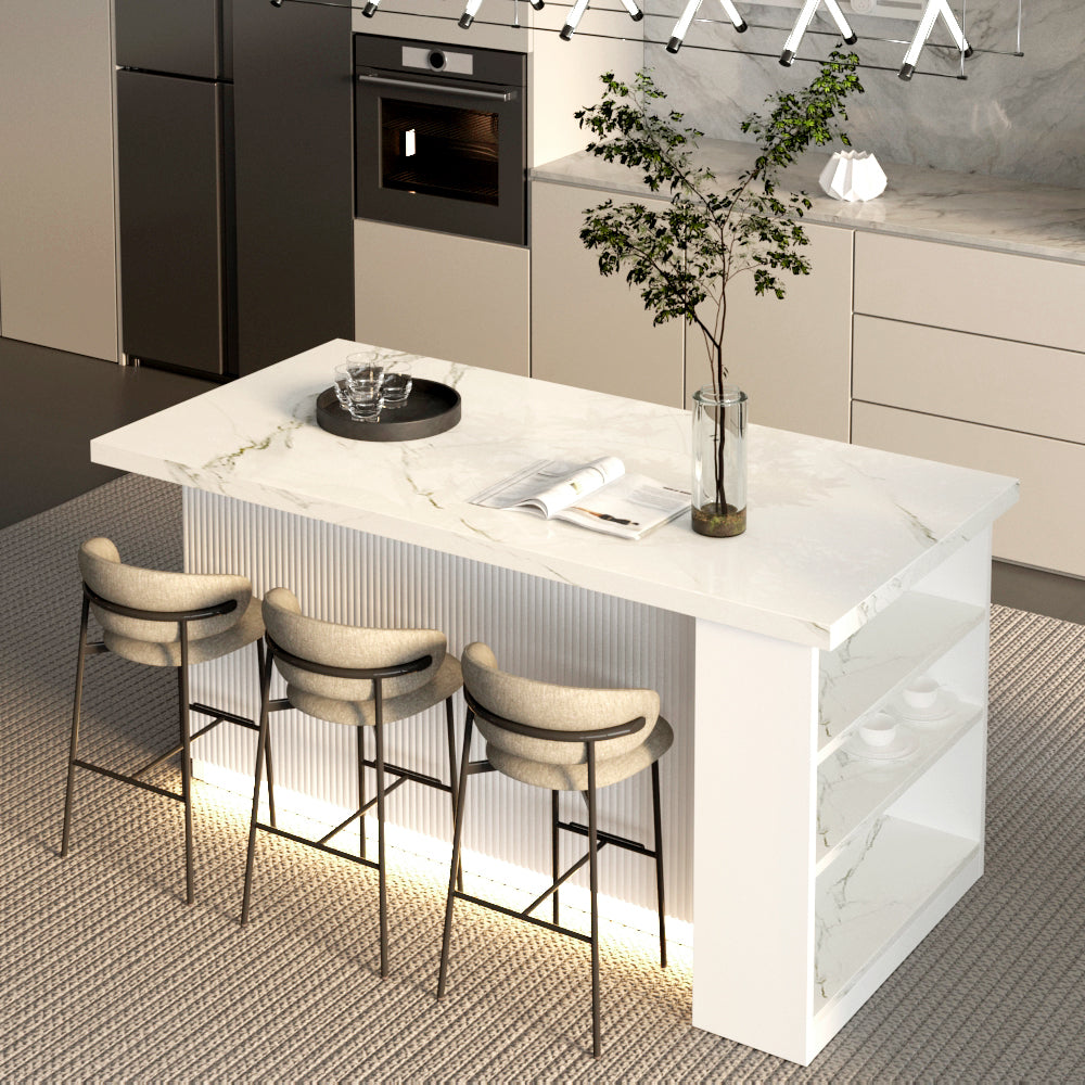 72 inch white Modern Kitchen island with Cabinets ,Bar, Electrical Outlet and Light