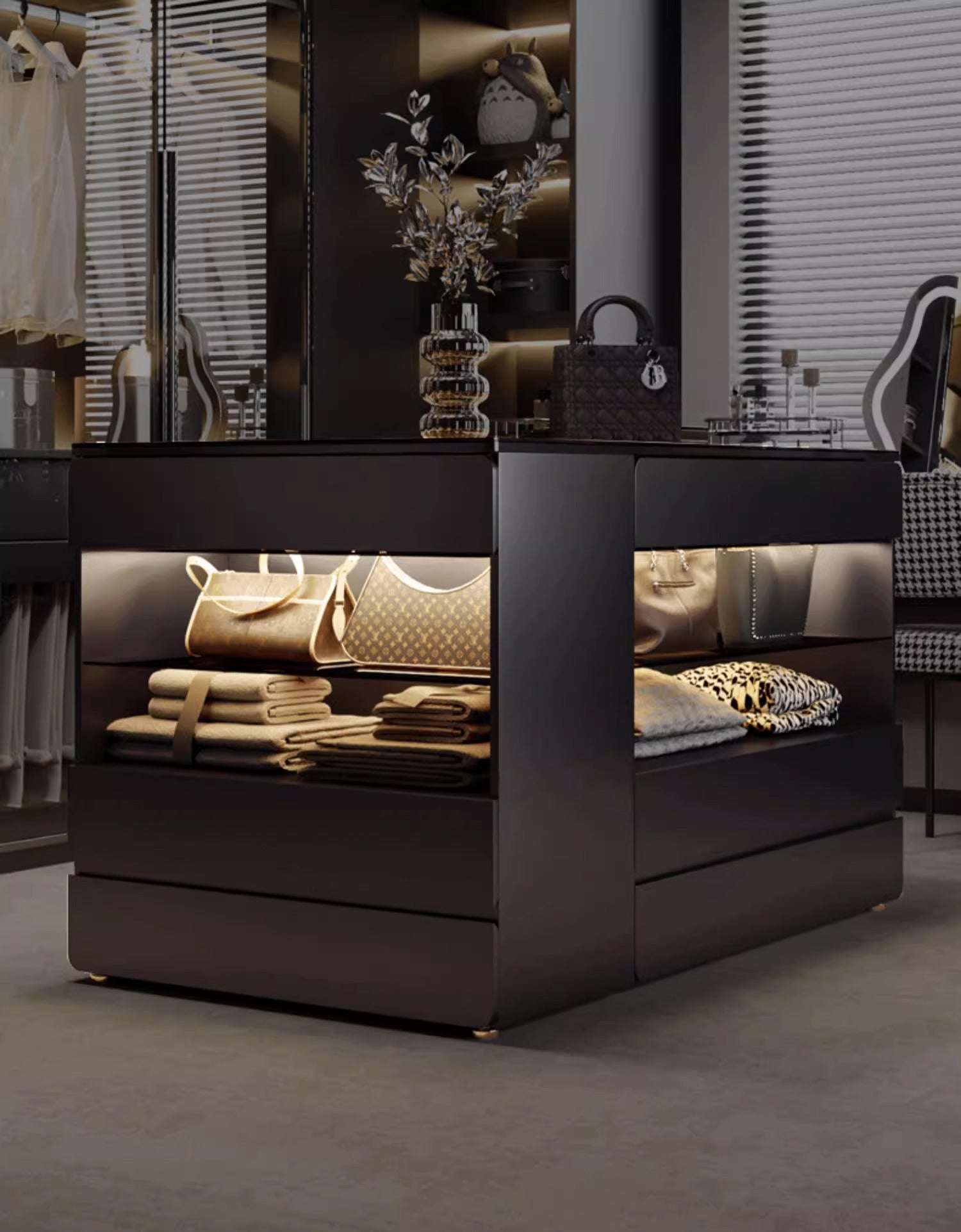 55" Glass Top Modern Dresser Walk-in Closet Island with Jewelry Storage and Light