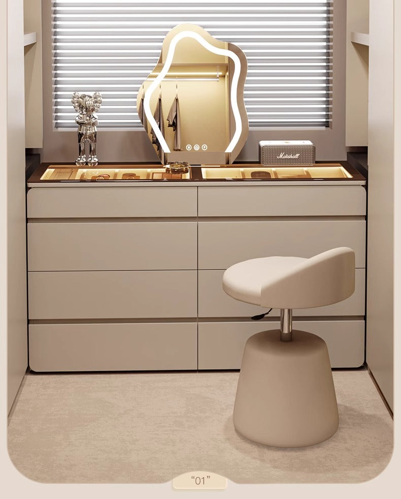 55" Glass Top Modern Dresser Walk-in Closet Island with Jewelry Storage and Light