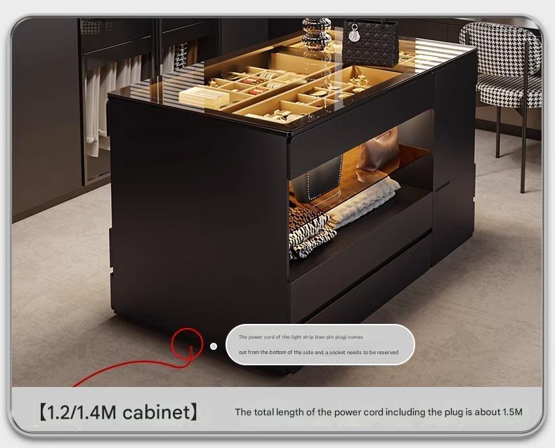 55" Glass Top Modern Dresser Walk-in Closet Island with Jewelry Storage and Light