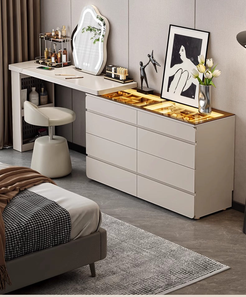 55" Glass Top Modern Dresser Walk-in Closet Island with Jewelry Storage and Light