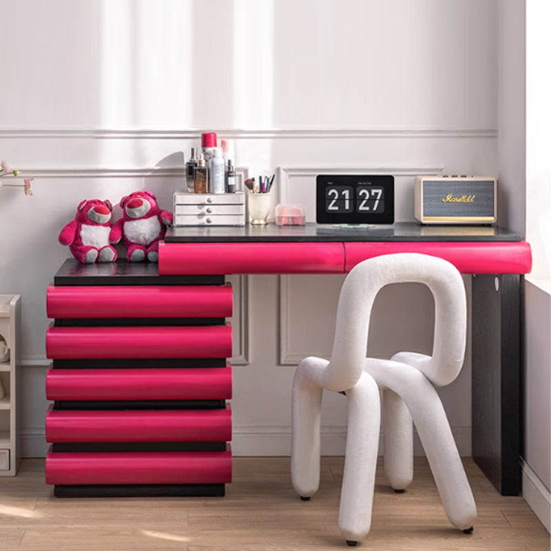 Modern Adjustable Vanity Desk with 5 Drawers – Expandable Makeup Vanity for Women & Girls | Red/Pink & Black