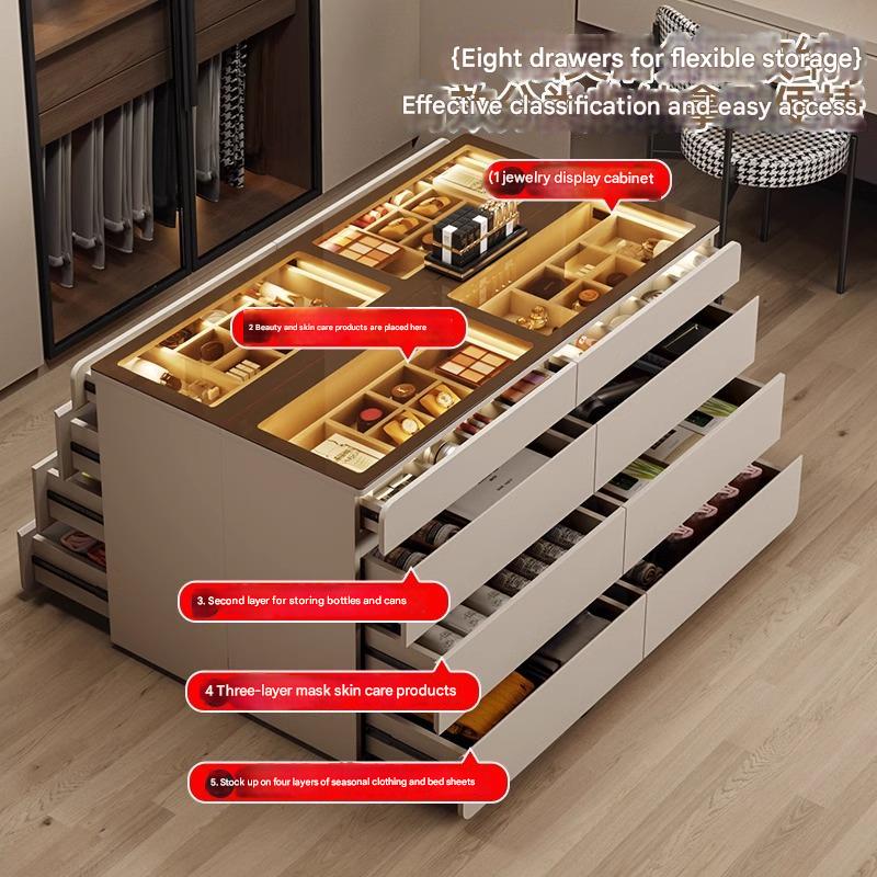 55" Glass Top Modern Dresser Walk-in Closet Island with Jewelry Storage and Light