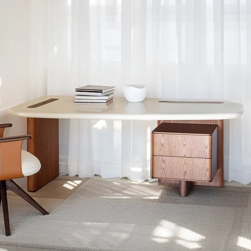 Mid-Century Modern Walnut Desk – Rounded Edge Writing Table with Drawers for Home Office