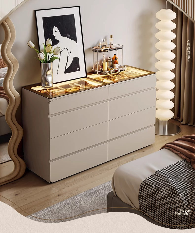 55" Glass Top Modern Dresser Walk-in Closet Island with Jewelry Storage and Light