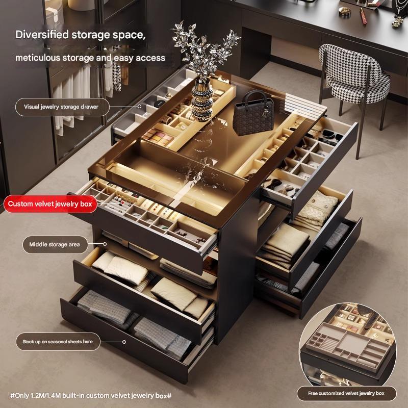 55" Glass Top Modern Dresser Walk-in Closet Island with Jewelry Storage and Light