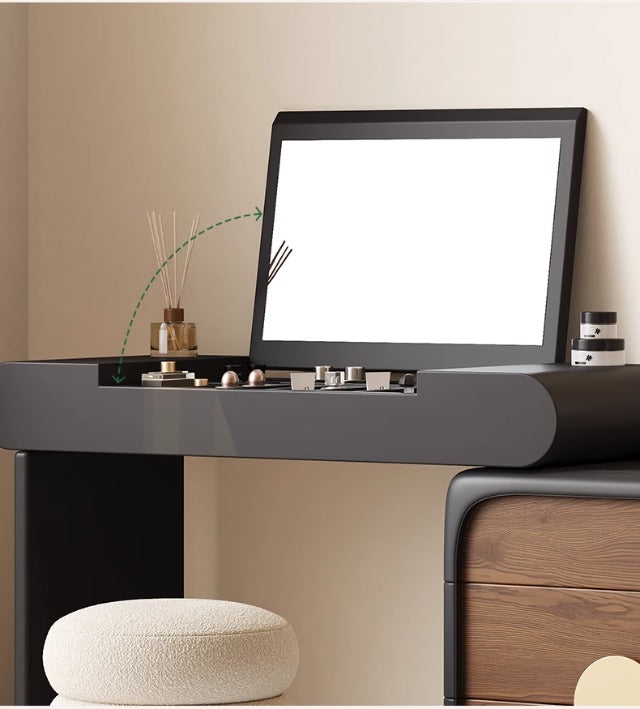 Mid-Century Modern Vanity Table with Flip Mirror, Extendable Desk & Storage Drawers