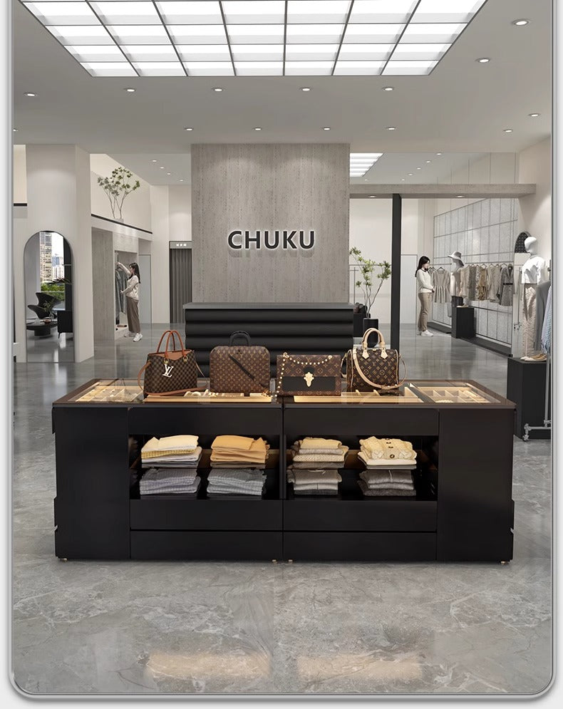 55" Glass Top Modern Dresser Walk-in Closet Island with Jewelry Storage and Light