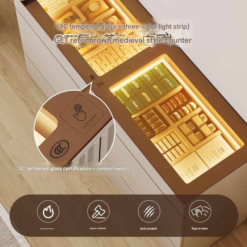 55" Glass Top Modern Dresser Walk-in Closet Island with Jewelry Storage and Light