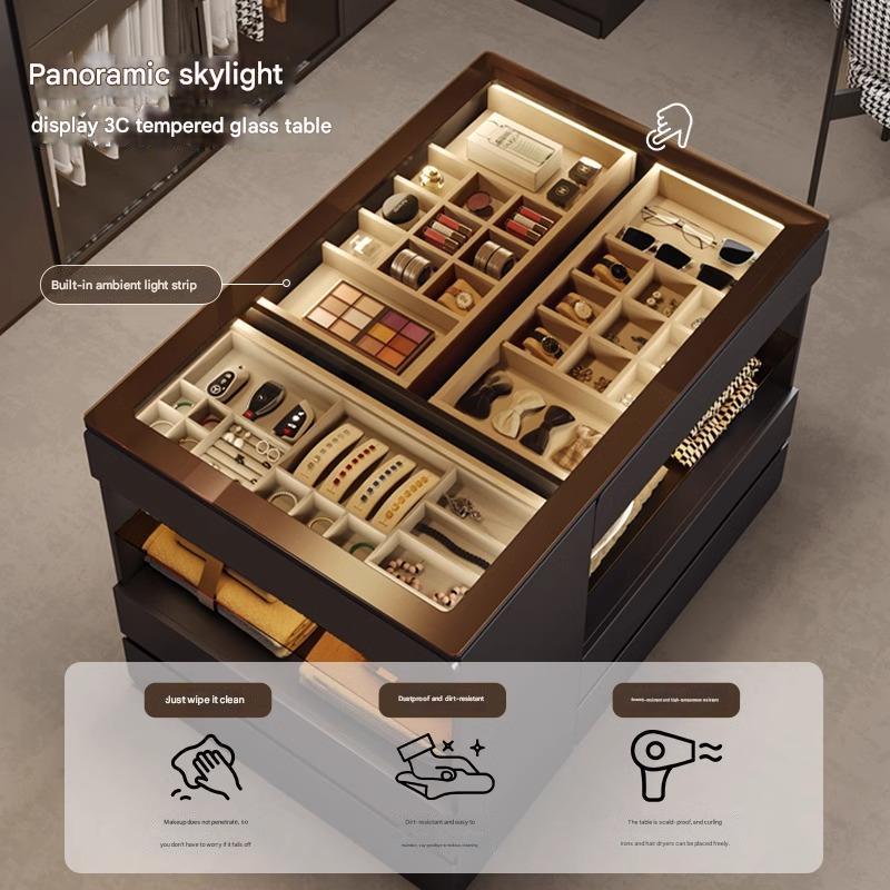 55" Glass Top Modern Dresser Walk-in Closet Island with Jewelry Storage and Light