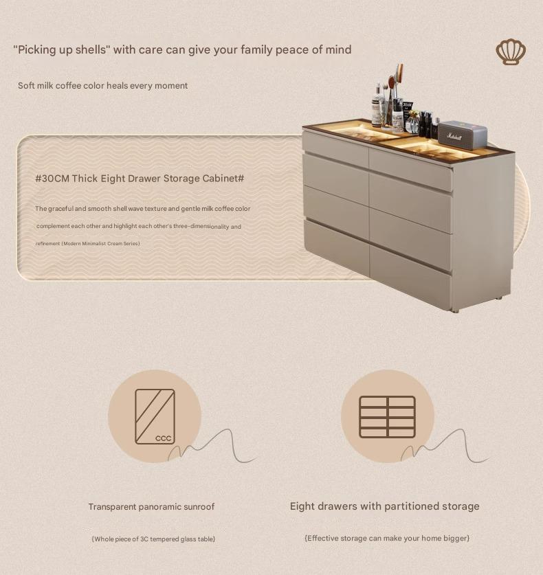 55" Glass Top Modern Dresser Walk-in Closet Island with Jewelry Storage and Light