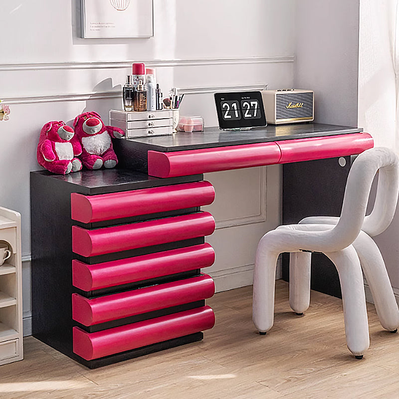 Modern Adjustable Vanity Desk with 5 Drawers – Expandable Makeup Vanity for Women & Girls | Red/Pink & Black