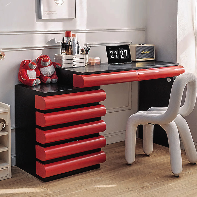 Modern Adjustable Vanity Desk with 5 Drawers – Expandable Makeup Vanity for Women & Girls | Red/Pink & Black