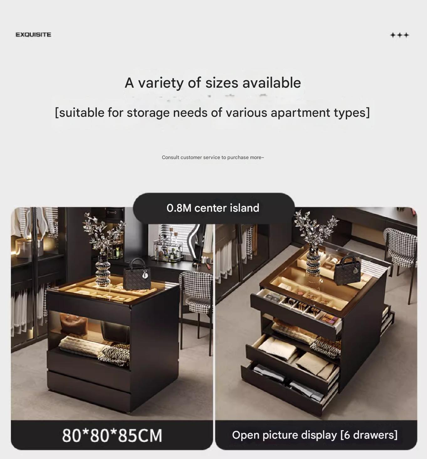 55" Glass Top Modern Dresser Walk-in Closet Island with Jewelry Storage and Light