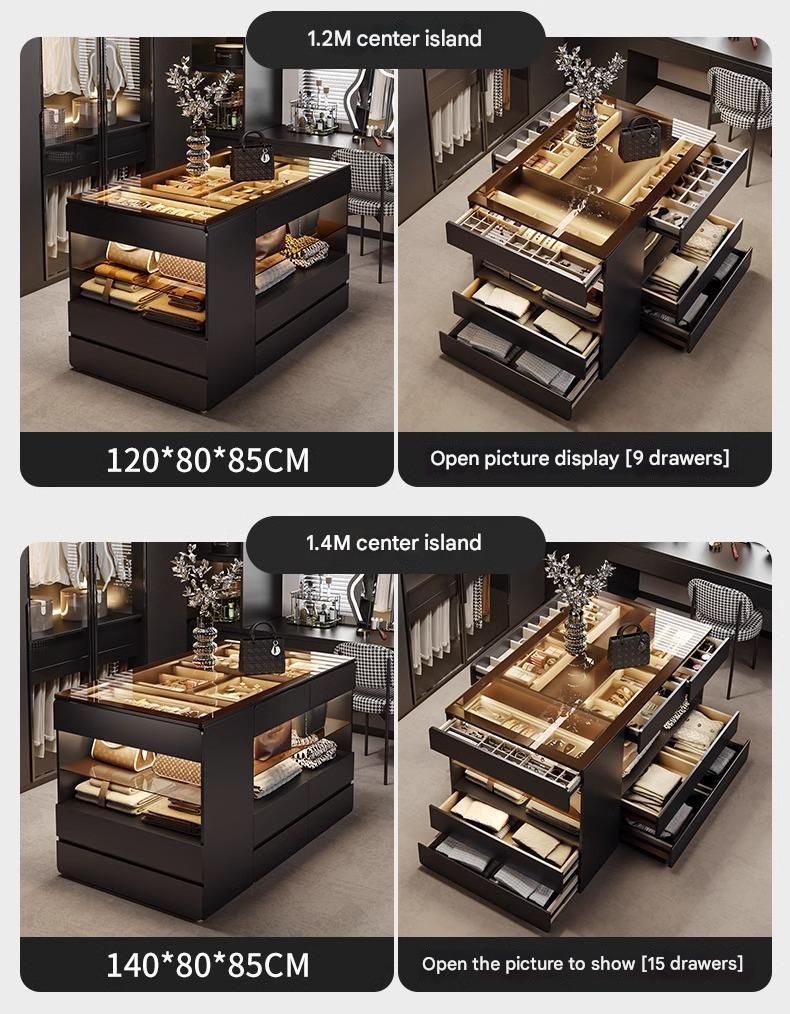 55" Glass Top Modern Dresser Walk-in Closet Island with Jewelry Storage and Light