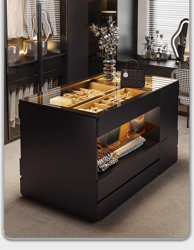 55" Glass Top Modern Dresser Walk-in Closet Island with Jewelry Storage and Light
