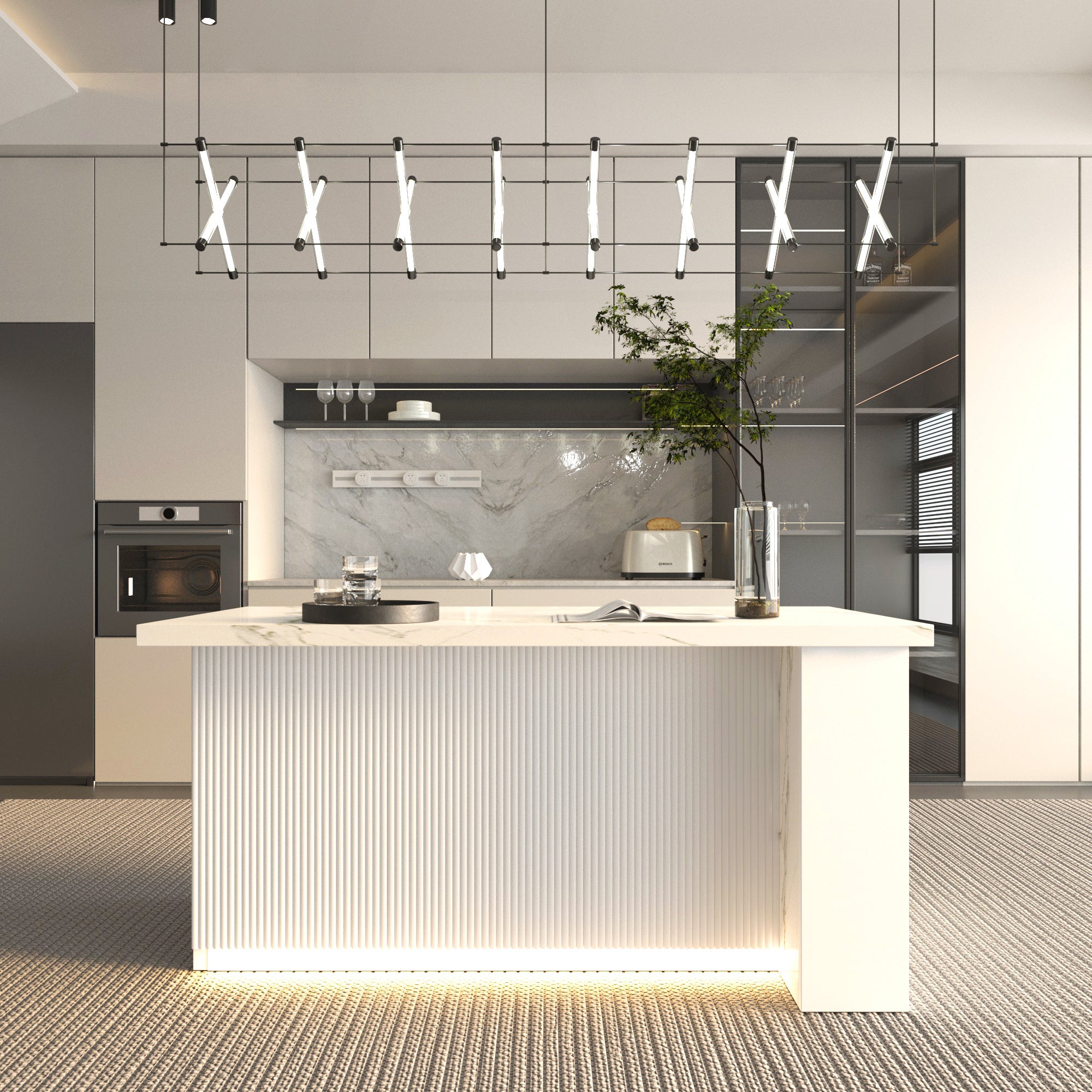 72 inch white Modern Kitchen island with Cabinets ,Bar, Electrical Outlet and Light