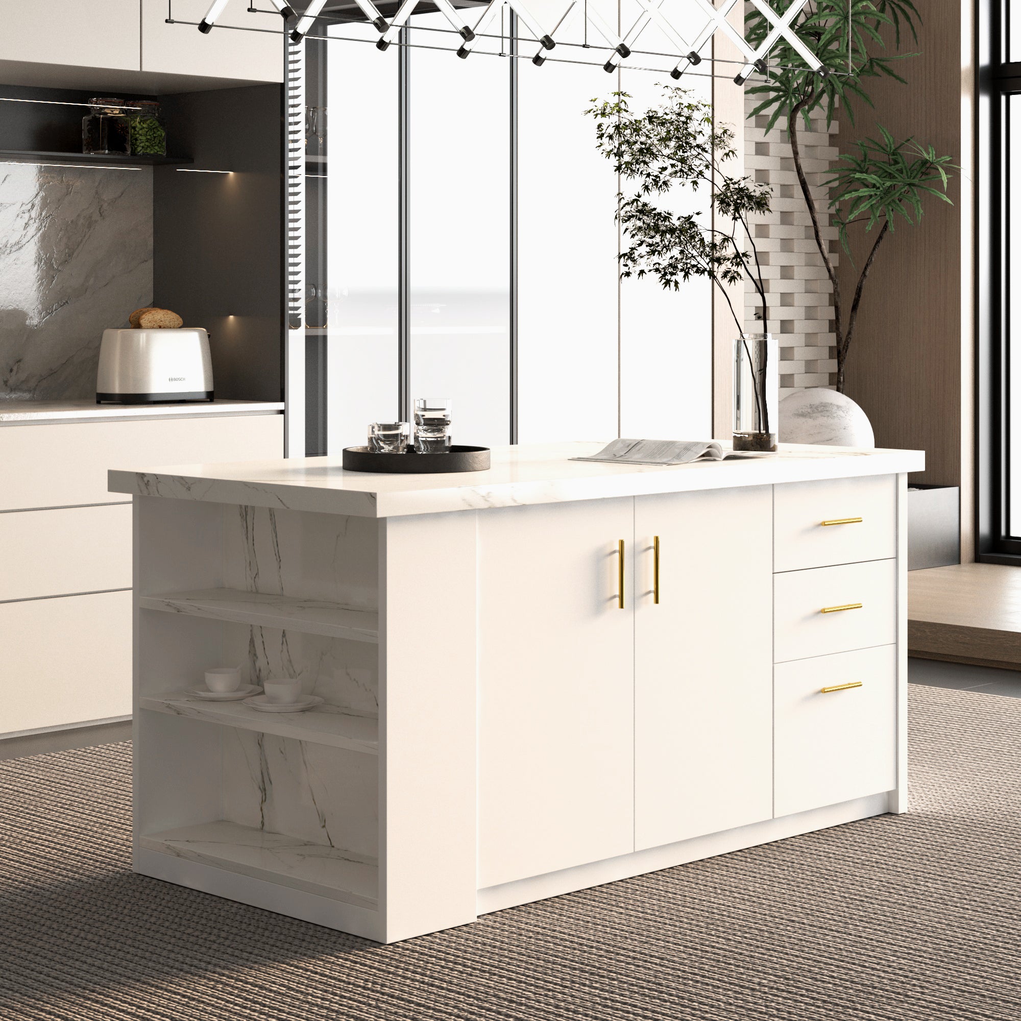 72 inch white Modern Kitchen island with Cabinets ,Bar, Electrical Outlet and Light