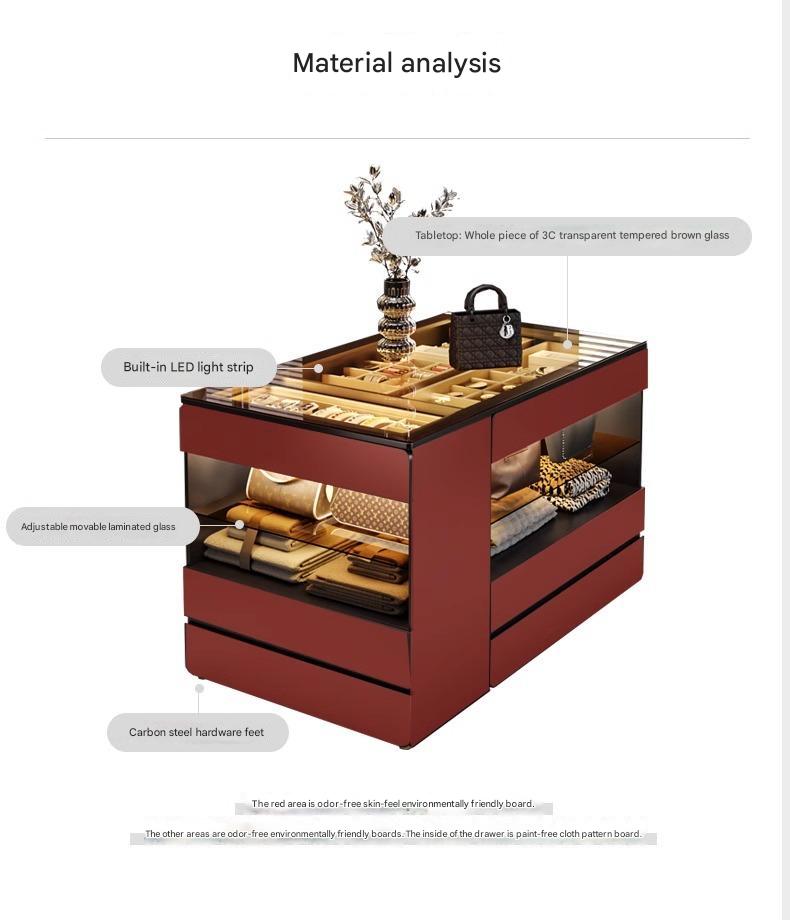55" Glass Top Modern Dresser Walk-in Closet Island with Jewelry Storage and Light