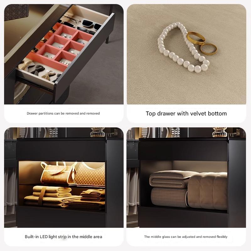 55" Glass Top Modern Dresser Walk-in Closet Island with Jewelry Storage and Light