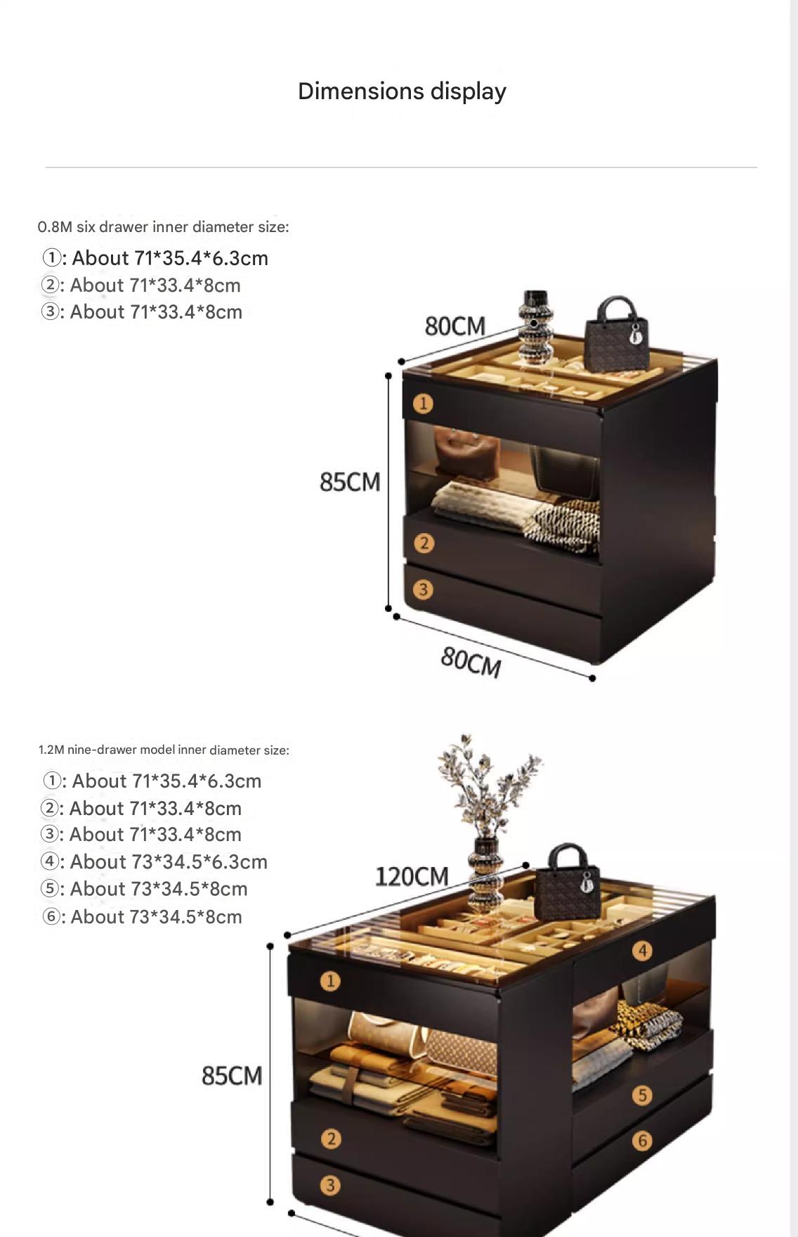 55" Glass Top Modern Dresser Walk-in Closet Island with Jewelry Storage and Light