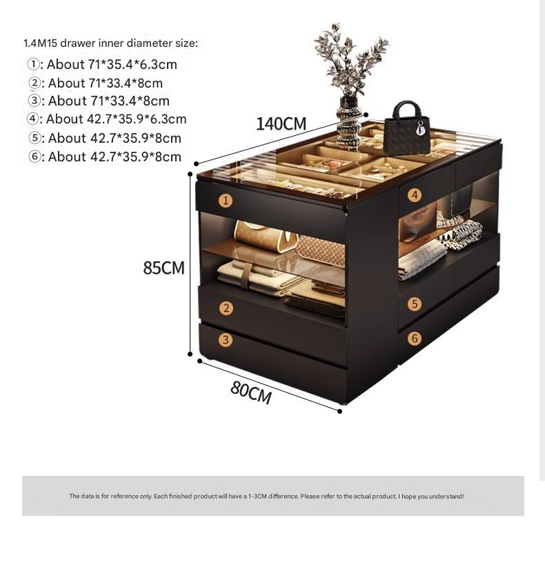 55" Glass Top Modern Dresser Walk-in Closet Island with Jewelry Storage and Light