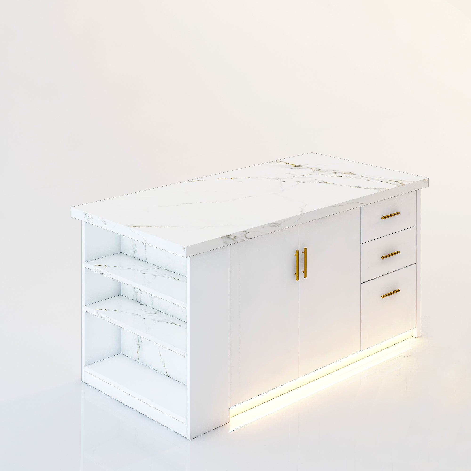 72 inch white Modern Kitchen island with Cabinets ,Bar, Electrical Outlet and Light