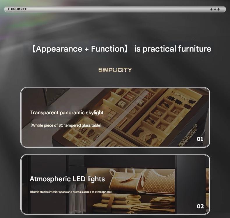 55" Glass Top Modern Dresser Walk-in Closet Island with Jewelry Storage and Light