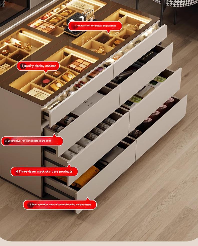 55" Glass Top Modern Dresser Walk-in Closet Island with Jewelry Storage and Light