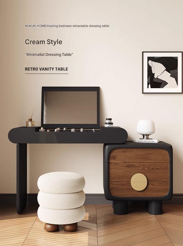 Mid-Century Modern Vanity Table with Flip Mirror, Extendable Desk & Storage Drawers