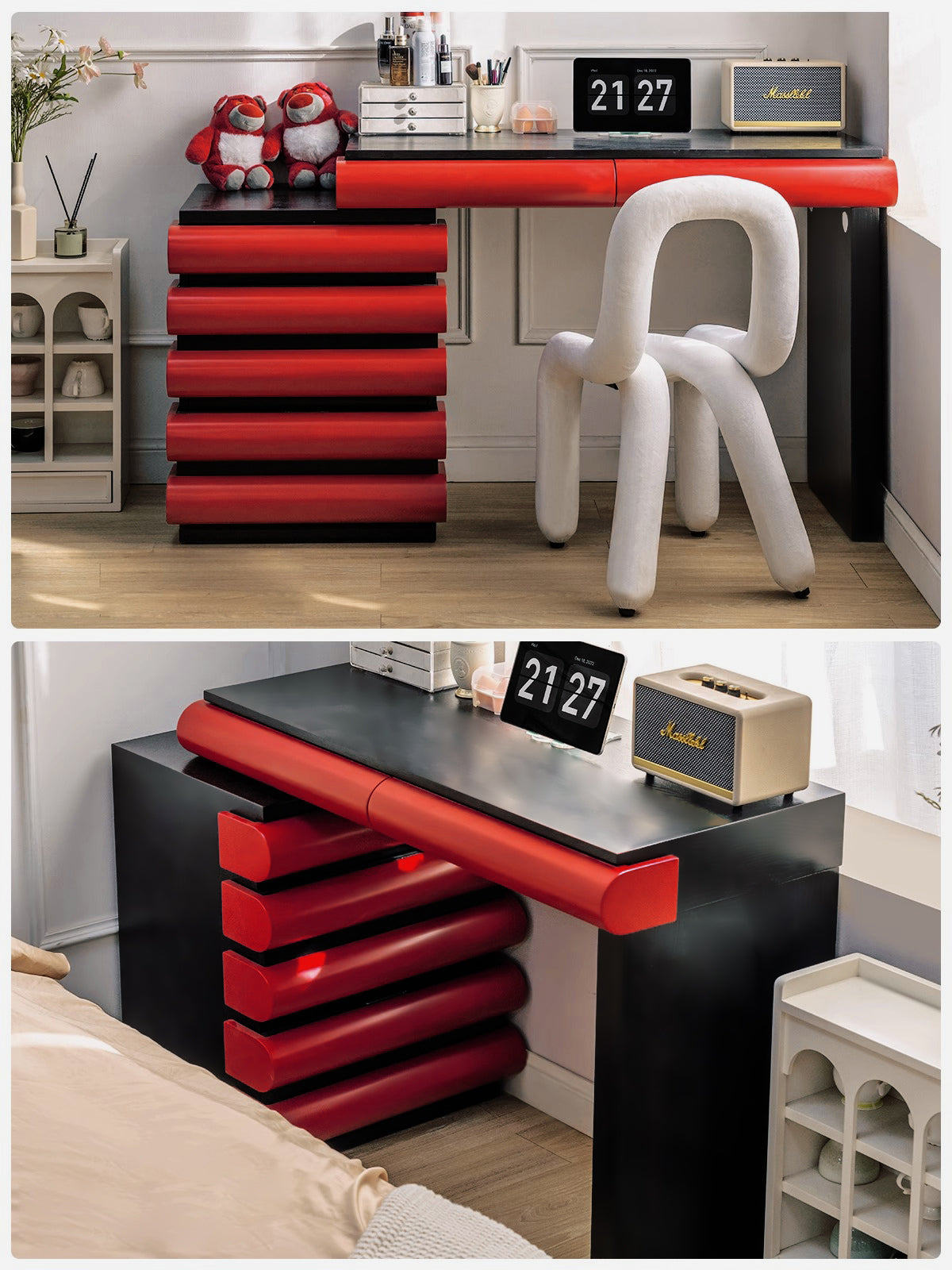 Modern Adjustable Vanity Desk with 5 Drawers – Expandable Makeup Vanity for Women & Girls | Red/Pink & Black