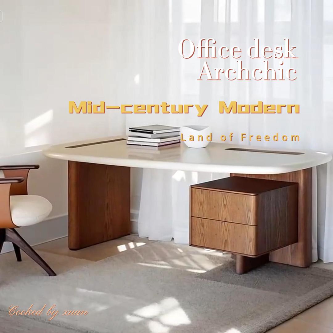 Mid-Century Modern Walnut Desk – Rounded Edge Writing Table with Drawers for Home Office